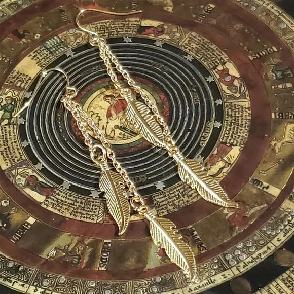 Gold Plated Double Feather Leaf Leaf Chain Drop Earrings - Picture 1 of 4